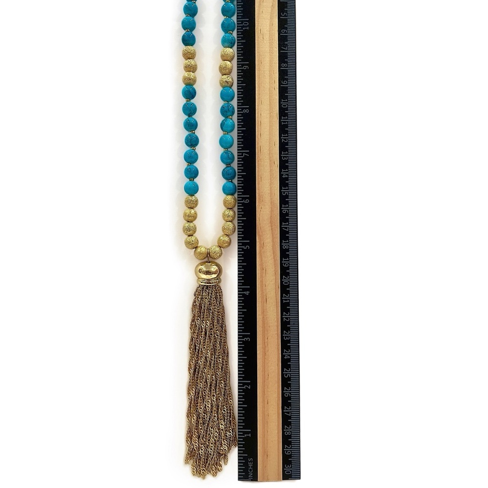 AMRITA SINGH Feroza Glass Beads Faux Turquoise Tassel Long Necklace Gift Box NWT - Picture 7 of 9